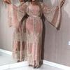 2 Pcs/Set Women Evening Dress Big Swing Shiny Bronzed Cardigan Slip Dress Set See-through Mesh Long Sleeve Coat Cocktail Events Dress