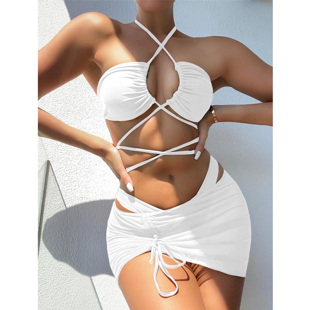 Женская мода сплошной цвет сексуальный полый купальник бикини с открытой спиной разделенный купальник