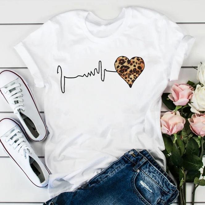 Summer New 90 S Leopard Heartbeat Short Sleeve Print Clothing Unisexs Tshirt Harajuku Graphic Clothing Unisexs Topdrop Ship