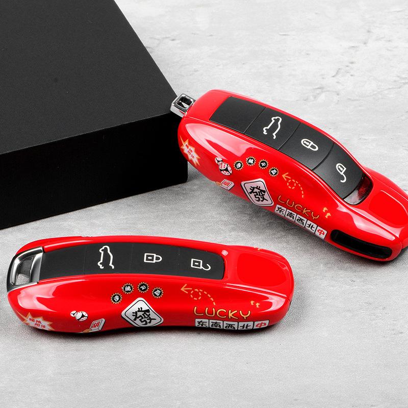 AABKR1 Red Mahjong Painting Car Key Case for Porsche Boxster Cayman Panamera Cayenne Macan 718/911 Taycan