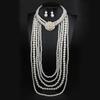 Multi-Layer Exaggerated Diamond-Encrusted Flower Pearl Necklace Earrings Set Women'S Long Sweater Chain