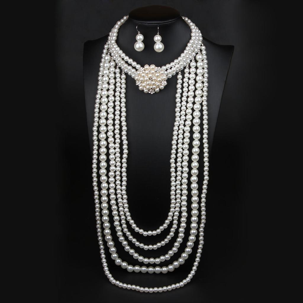 Multi-Layer Exaggerated Diamond-Encrusted Flower Pearl Necklace Earrings Set Women'S Long Sweater Chain
