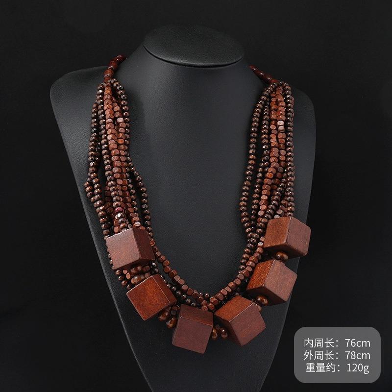 Vintage Exaggerated Wooden Necklace Maillard Vacation Women's Bohemian Long Niche Sweater Chain Earrings