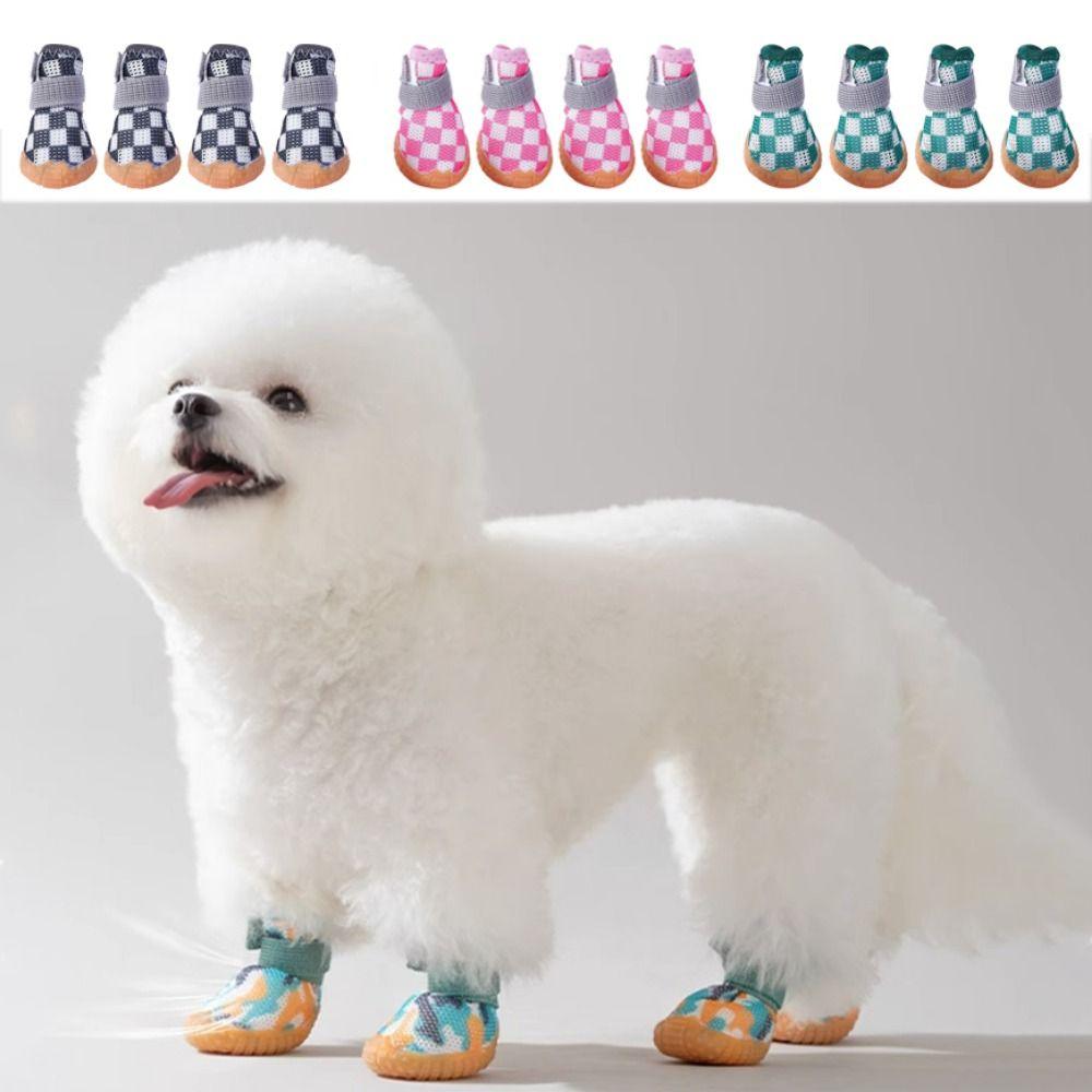 4pcs/set Anti-skid Breathable Pet Dog Shoes Wear-resistant Breathable Puppy Mesh Shoes Soft Sandwich Mesh Hollow Dog Boots