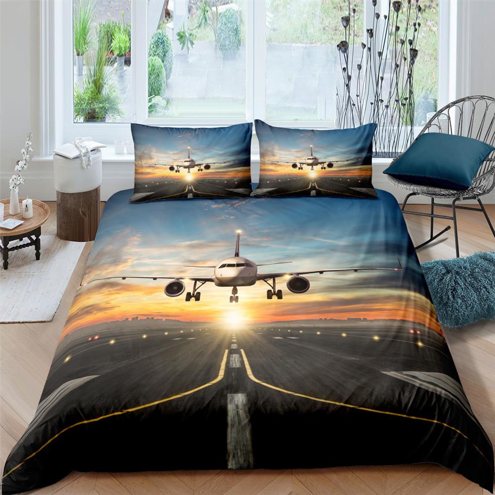 3D Aircraft Bedding Set, Transportation Tools, Quilts, Pillowcases, 2/3 Pieces, DE135 * 200, Boys' Room, Full Size, Soft, Zippered Bedroom Decoration