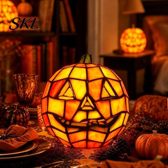 Decorative Pumpkin Lamp Stained Glass Lamp, Halloween Bedside Table Orange Night Light Accent for Indoor, Home, Holiday Party Decor