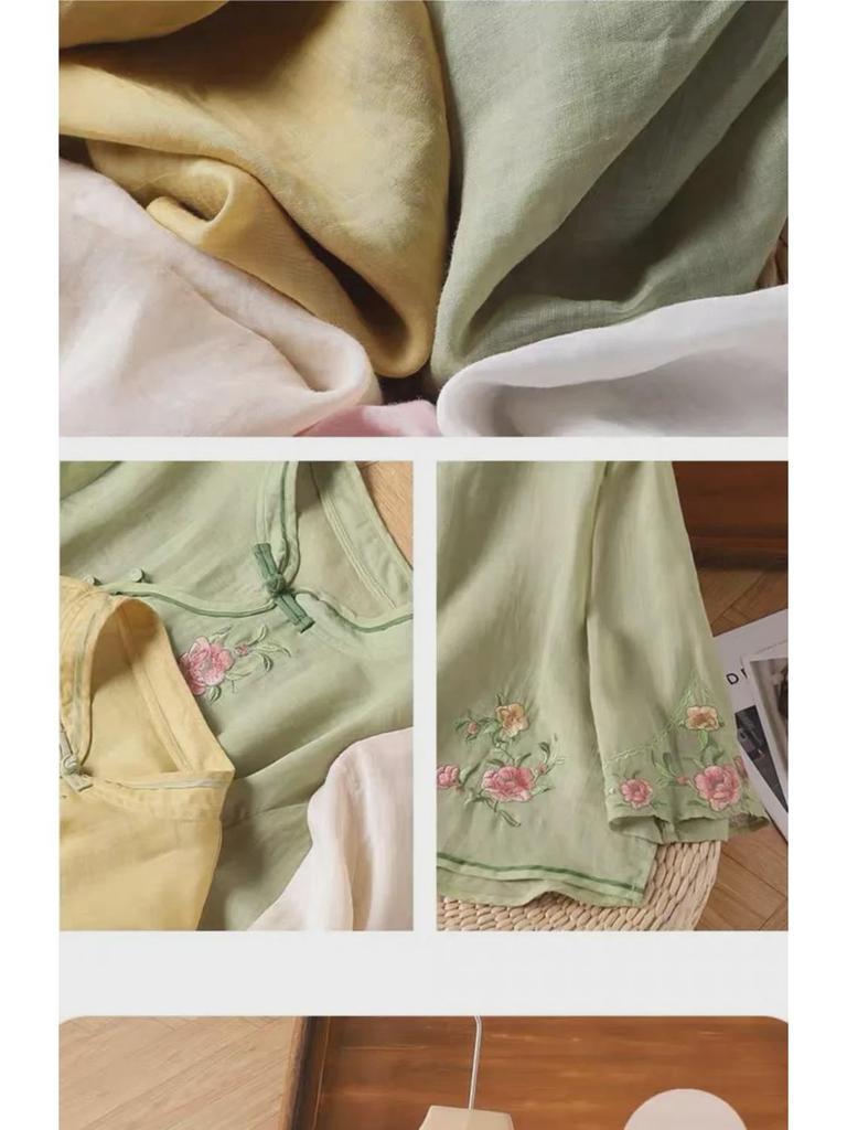 Женский этнический хлопковый топ с вышивкой - китайская косая планка с пуговицами-лягушками, художественная летняя рубашка