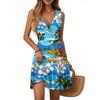 Women's Summer Dress V Neck Sleeveless Casual Hawaiian Print Hem Pleated Dress