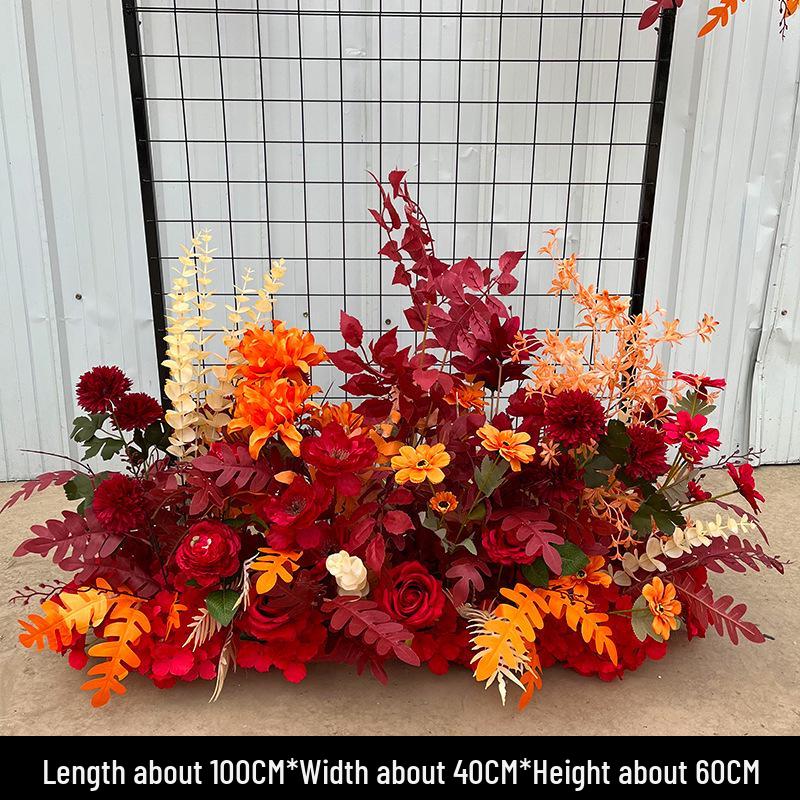 Red Floral Wedding Stage Backdrop with Artificial Flower Rows