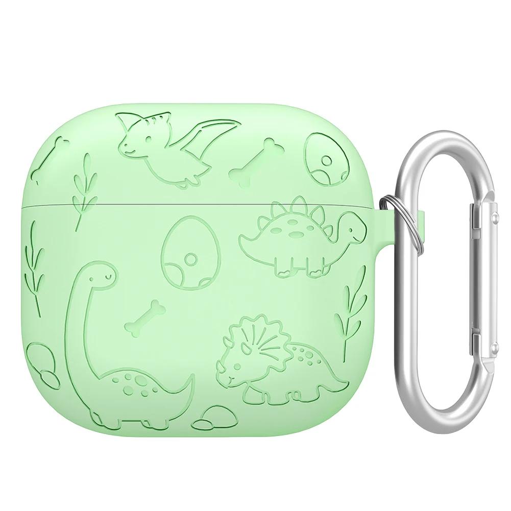 Silicone Case Protector with Carabiner Engraved Flower Dinosaur Case Soft Silicone Skin Protective Case for AirPods 4 Gen (2025)