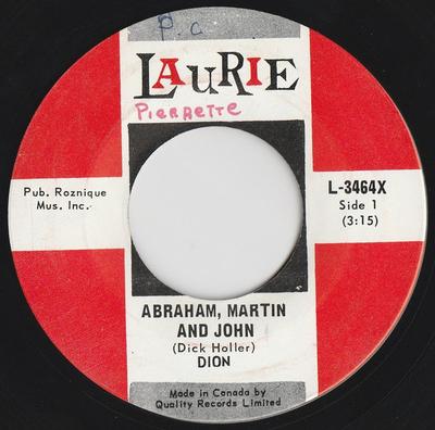 7-дюймовая пластинка DION - Abraham, Martin And John L3464X Laurie Records 1968 Канада Рок Б/У