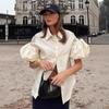Весенне-летняя женская одежда топ свободного кроя с рукавами-фонариками, элегантный, европейский и американский, французский воротник, ретро-рубашка