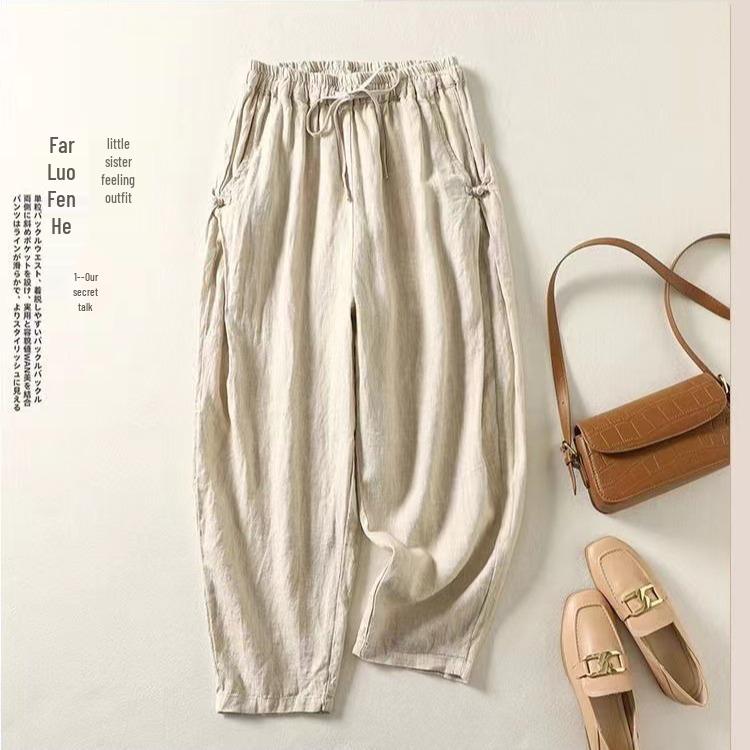 Хлопковые брюки гаремы с высокой талией и ретро застежкой-лягушкой - Легкие, эластичные, с завязкой на талии, свободного кроя для весны/лета