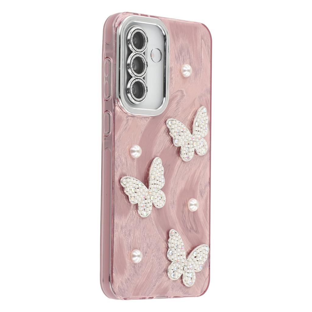 For Samsung Galaxy S25/S24 Case Butterfly Pearl Decor IMD PC+TPU Phone Cover with Glass Lens Film