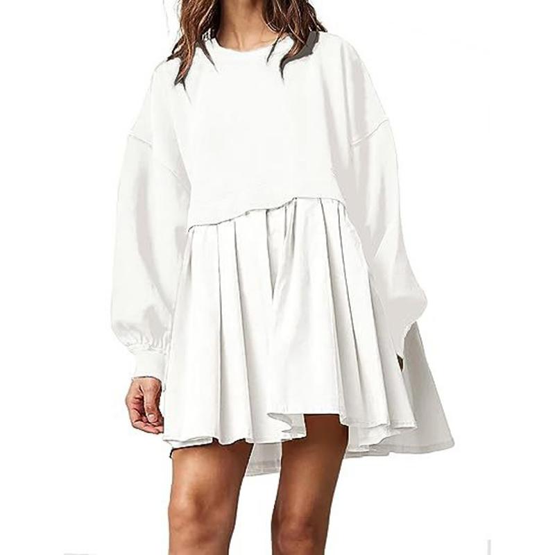 Осеннее новое свободное повседневное платье с длинным рукавом, женское элегантное лоскутное однотонное платье А-силуэта больших размеров, женское круглое шею, винтажное сексуальное короткое платье для вечеринки 25171