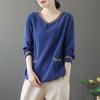 Retro Solid Color V-neck T-shirt Korean Version Loose Long Sleeved Women's Base Shirt