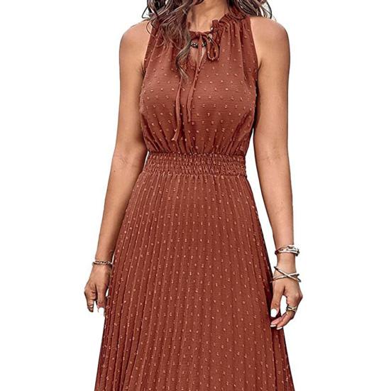 Women's Boho Midi Dress Summer V Neck Tie Strap Sleeveless Pleated Swing Dress Casual Flowy A-Line Beach Sundress