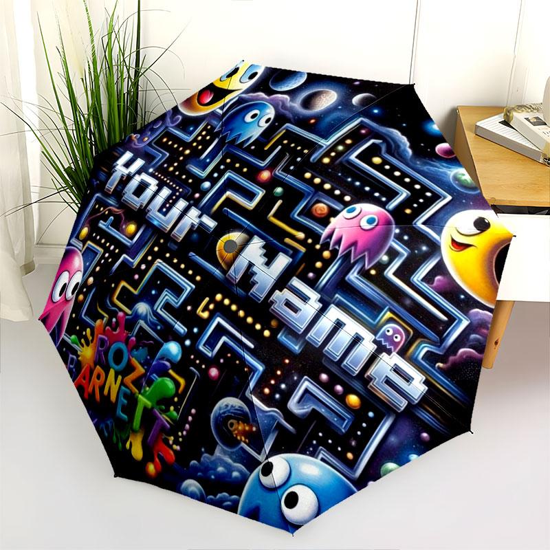 1 шт. Автоматический складной зонт - Узор Pac-Man с индивидуальным именем, Портативная и складная конструкция с 8 спицами, Рождественские и Дни рождения Подарки