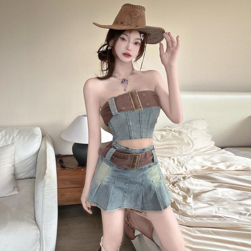 Women's Vintage Spice Girl Belt Top High Waist Skirt Set