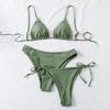 Women's Summer Fashion Sexy Solid Color Backless Lace-up  Waist Adjust Buckle Sling  Bikini Three-pieces Swimsuit