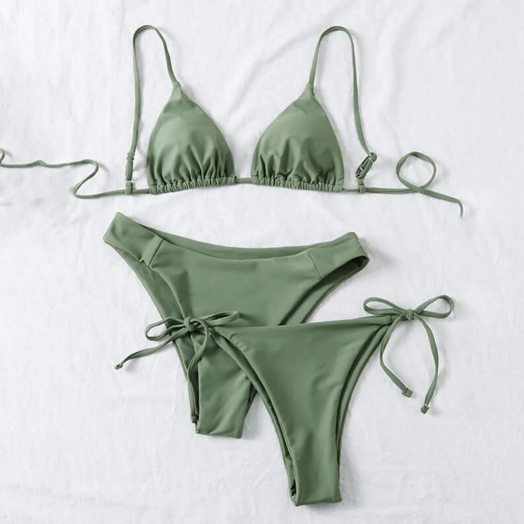 Women's Summer Fashion Sexy Solid Color Backless Lace-up  Waist Adjust Buckle Sling  Bikini Three-pieces Swimsuit