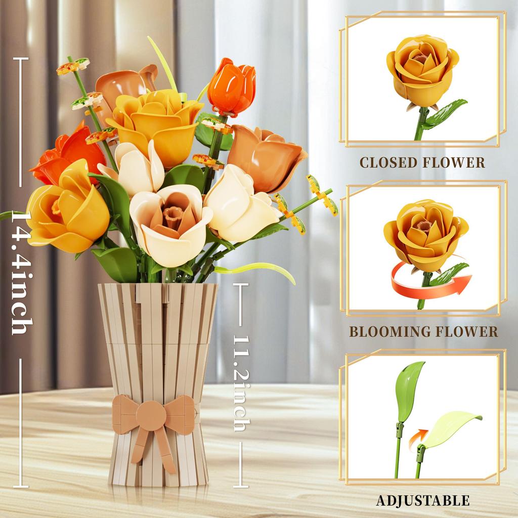 Non-Toxic 868Pcs Rose Bouquet Building Blocks Eternal Flower Vase Model Bricks Home Decoration Ornaments Children Romantic Gift Kids Diy Toys