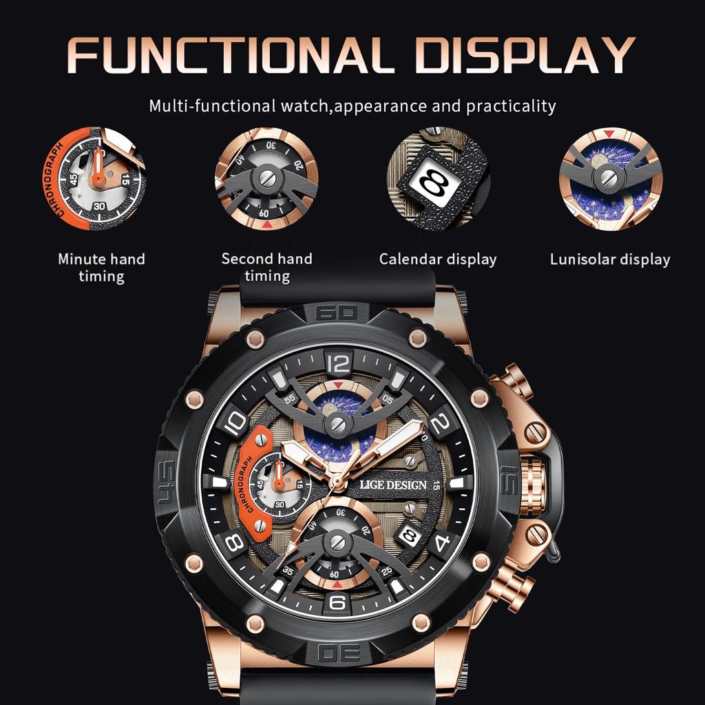 LIGE 2025 Новые мужские часы Модные повседневные силиконовые кварцевые часы Светящиеся водонепроницаемые спортивные мужские кварцевые часы