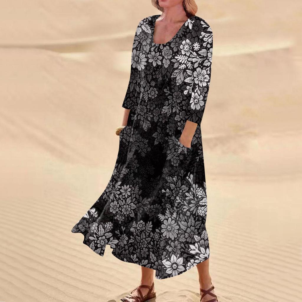 Женское повседневное удобное хлопковое карманное платье с цветочным принтом и рукавами три четверти