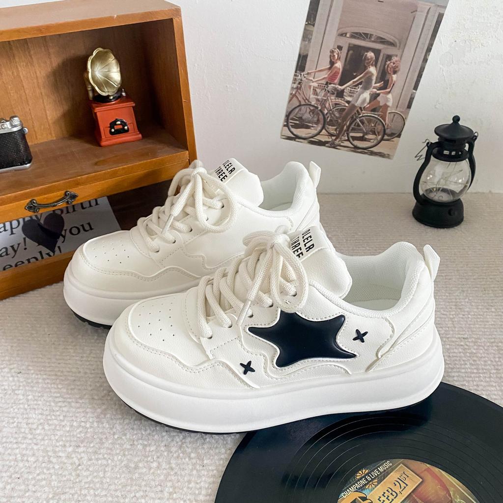 B1102 Latex Insole/star Platform White Shoes Women's 2024 New Niche Cute Round Head Heightening Board Shoes