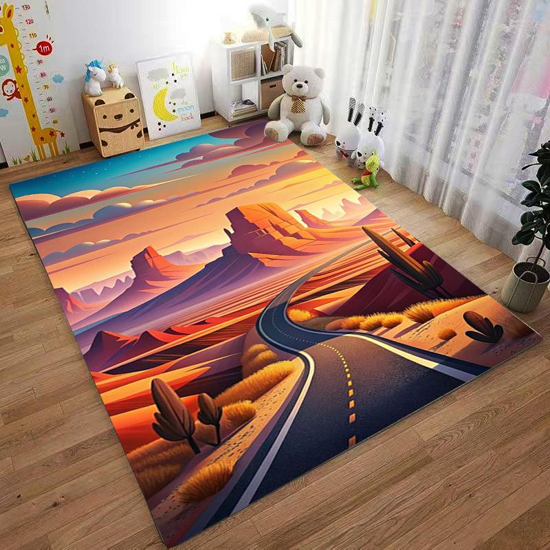 Desert Landscape Carpet with Road, Sunset, Cactus, and Cozy Style Suitable for use as an anti-slip for living room bedroom sofas
