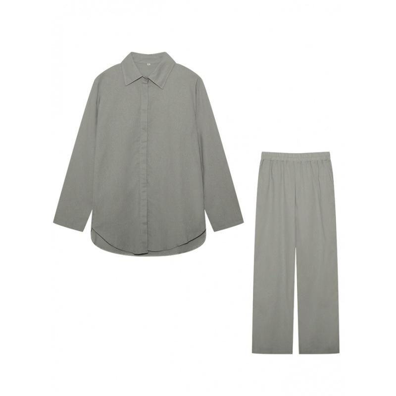2023 Women's Casual Two-Piece Suit: Lapel Long-Sleeve Shirt & Wide-Leg Pants for Spring & Autumn