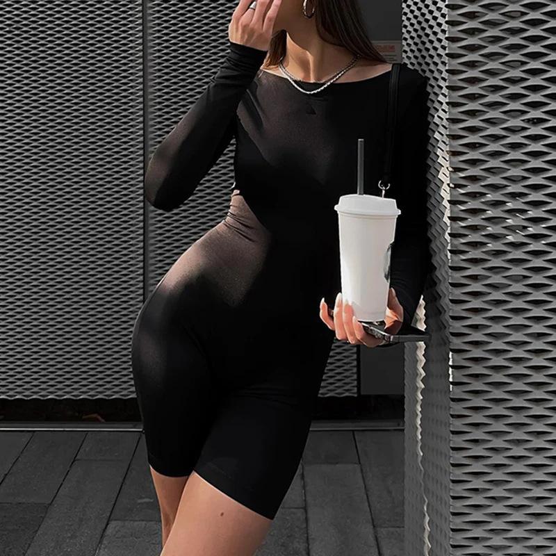 Европейский и американский осенний однотонный облегающий комбинезон с круглым вырезом и длинными рукавами, открытой спиной, для темпераментной пикантной девушки