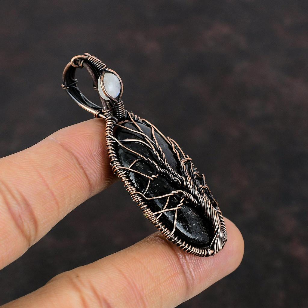 Подвеска из нууммита «Дерево жизни», подвеска из медной проволоки, обернутая драгоценным камнем, ручная работа, обернутая медной проволокой, ювелирное украшение в подарок для нее, подвеска из радужного лунного камня