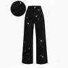 Casual Straight Fit Denim Jeans With Rhinestone Embellishment Water Washed Stretch Cotton Blend