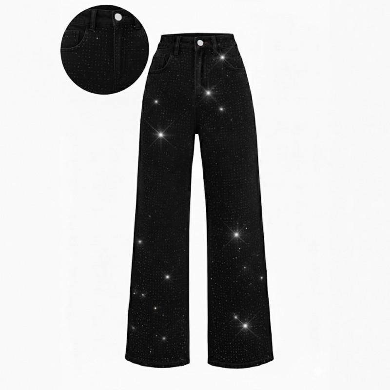 Casual Straight Fit Denim Jeans With Rhinestone Embellishment Water Washed Stretch Cotton Blend