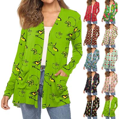 Женский модный кардиган-пальто с длинным рукавом, карманами, приталенного силуэта и рождественским принтом