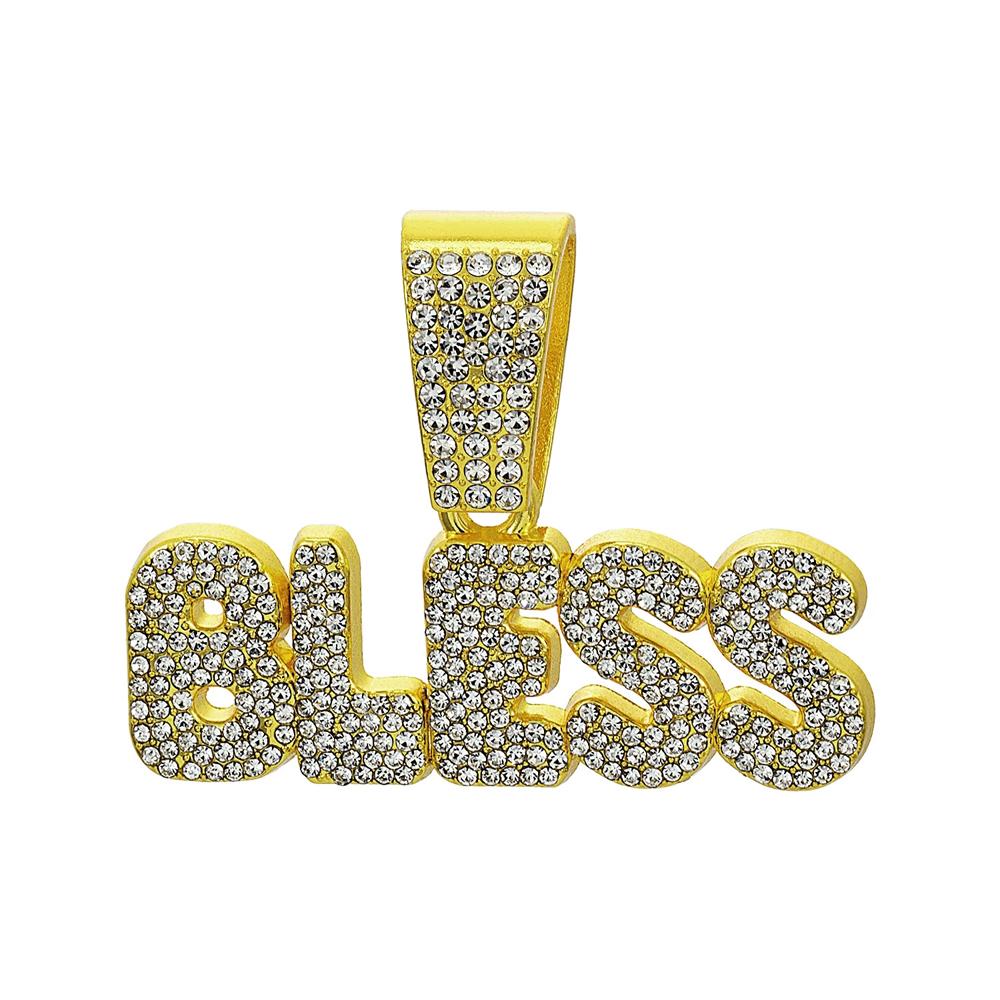 Hip Hop Letter BLESS Pendant Necklace for Women Men Shiny Rhinestones 13MM Cuban Chain Crystal Necklaces Fashion Jewelry Gifts