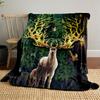 Glowing antlers, leafy forest backdrop, birds, and two deer in focus. for all seasons blanket lunch break throw gift