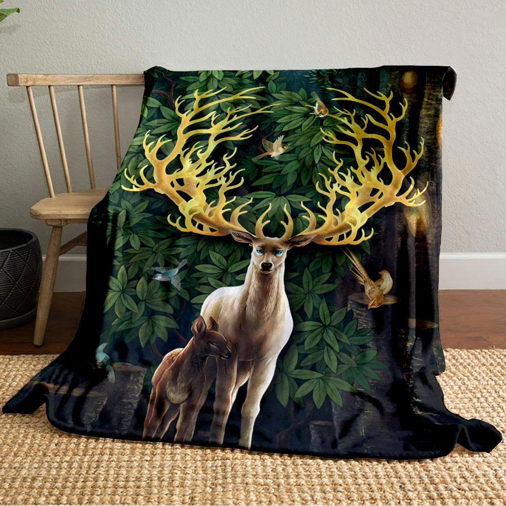 Glowing antlers, leafy forest backdrop, birds, and two deer in focus. for all seasons blanket lunch break throw gift