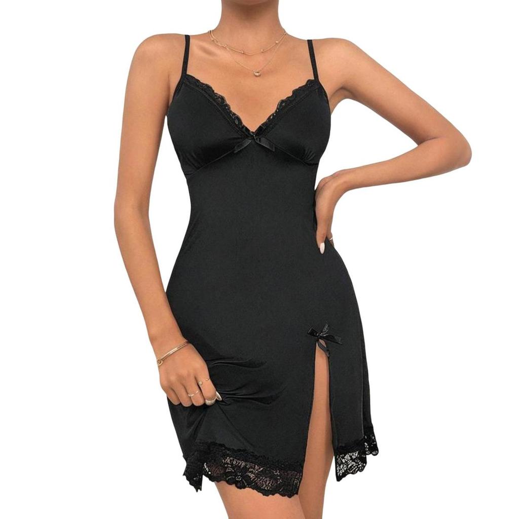 Women Nightdress V Neck Backless Sleeveless Bow Lace Floral Embroidery Nightie Spaghetti Strap Slit Hem Nightgown