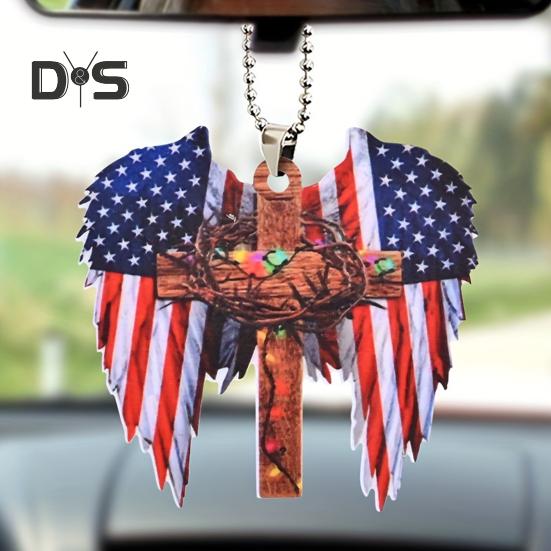 Butterfly Jesus Cross Hanging Ornament Moon American Flag Pendant Car Interior Decor for Auto Rear View Mirror Accessories Christmas Tree Charm