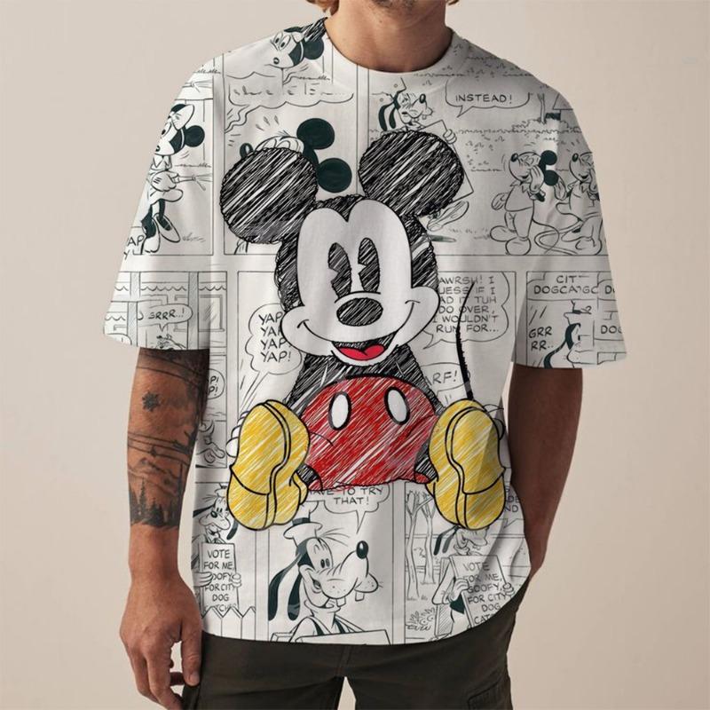 Новая мужская футболка Disney Модная футболка с принтом Микки Мауса для мужчин Летняя повседневная с круглым вырезом Топы с коротким рукавом Оверсайз Забавная