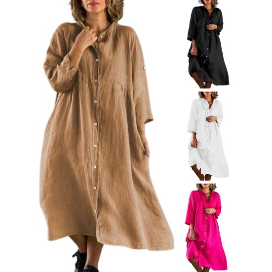 Женское платье-туника на пуговицах, повседневное платье-миди с рукавом 3/4 и круглым вырезом, летнее пляжное платье-футболка для отпуска