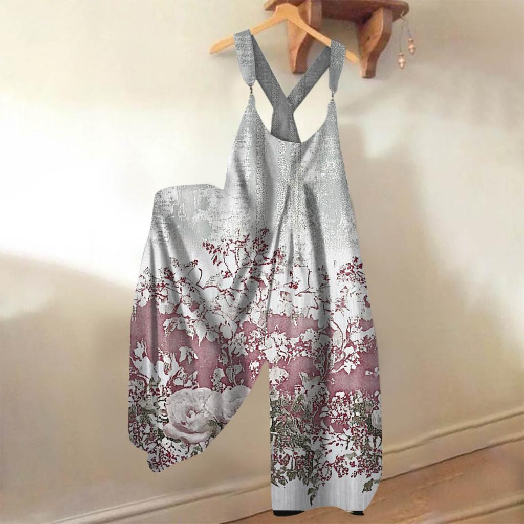 Wide Leg Overalls For Women Casual Loose Sleeveless Jumpsuits Retro Print Metal Button Long Pant Romper Jumpsuit With Pockets