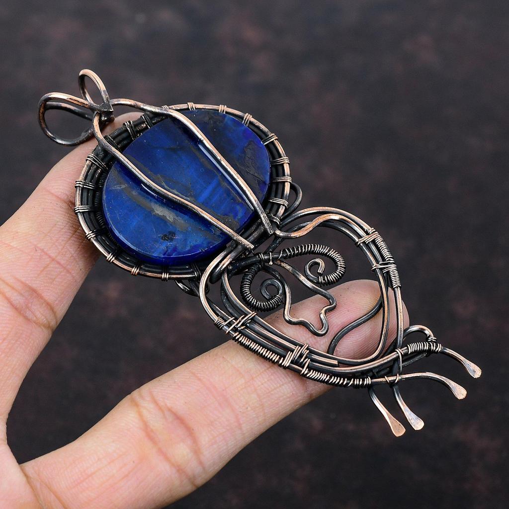 Подвеска из синего огненного лабрадорита, подвеска из медной проволоки, ювелирное изделие ручной работы, подвеска из настоящего драгоценного камня, дизайнерское ювелирное изделие из меди, подарок на годовщину