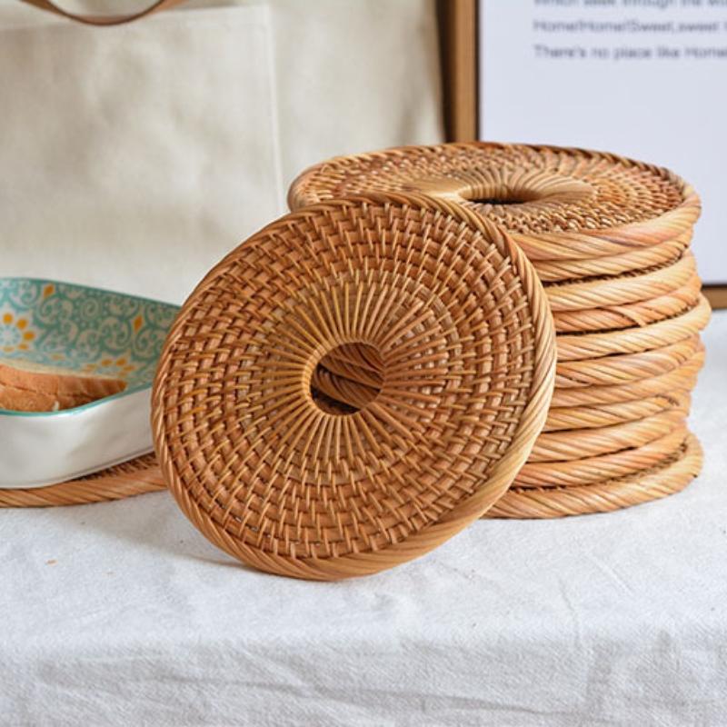 Natural Rattan Woven Heat Insulation Mat Teapot Coaster Holder Coffee Placemat Table Mat Bowl Mat Plate Mat Hot Dishes Mats