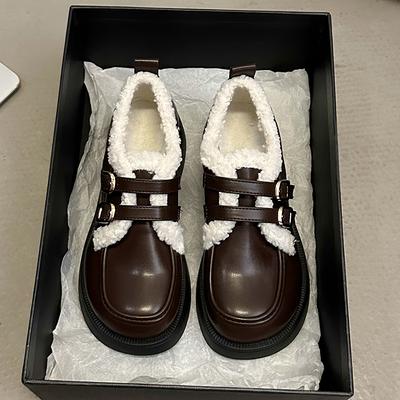 Модная кожаная обувь в британском стиле для девочек Зима 2024 на толстой подошве Теплая из овечьей шерсти Форменная школьная хлопковая обувь Плюшевая ПУ Женская
