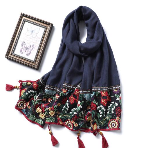 Vintage Cotton and Linen Scarves Solid Colors and All Matching Shawls Long Wood Bead Tassel Muslim Headscarf Embroidery Scarves