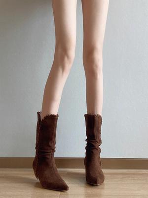 Модные Новые 2025 Женские Осенне-Зимние Ботильоны из Коровьей Замши Кожаная Обувь для Женщин Остроносые Короткие Ботинки Массивная Обувь Вестерн Ботинки