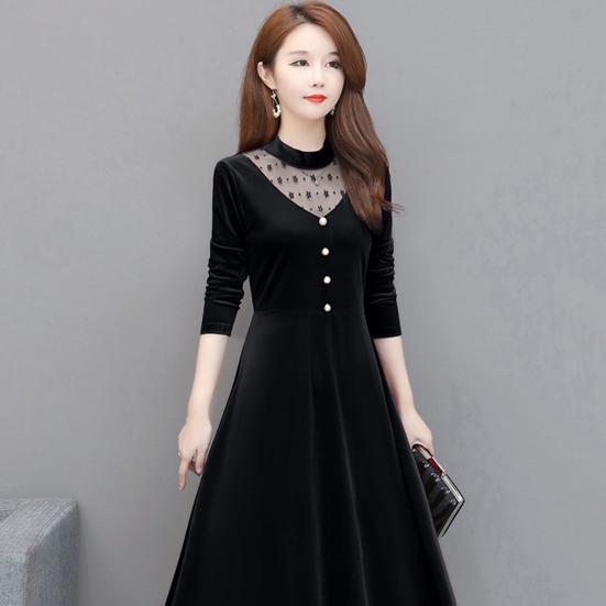 Офисное женское элегантное бархатное платье с круглым вырезом, ажурное сетчатое платье трапециевидной формы с длинными рукавами, декором на пуговицах, свободное платье миди с подолом